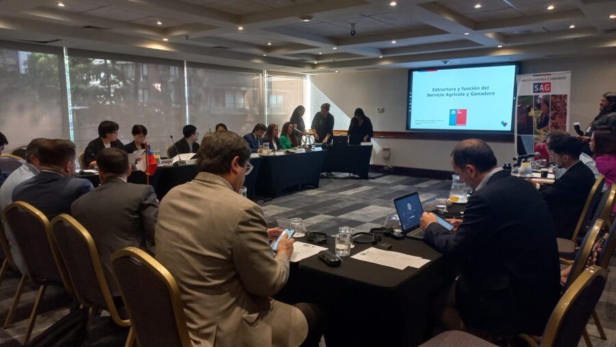 Mesa técnica bilateral de un servicio público con sistema de conferencia y banderas